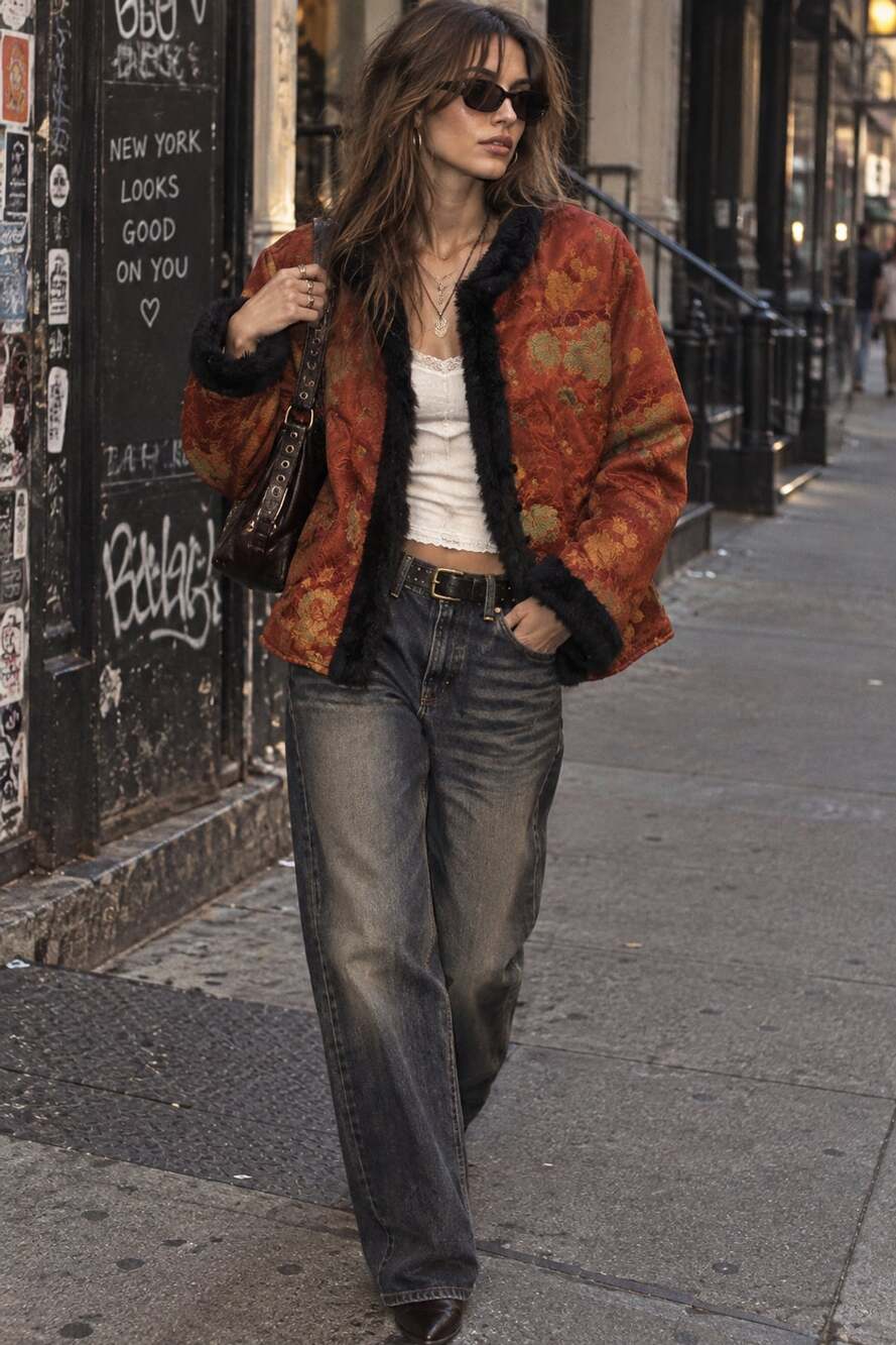 Vintage April Cornell Rust Brocade Floral Faux Fur Trim Jacket L Y2K Boho